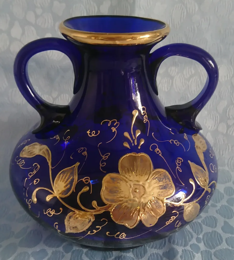 AMPHORENVASE - Hartglas, Handbemalt, Blumen Blüten Goldrand Dekor