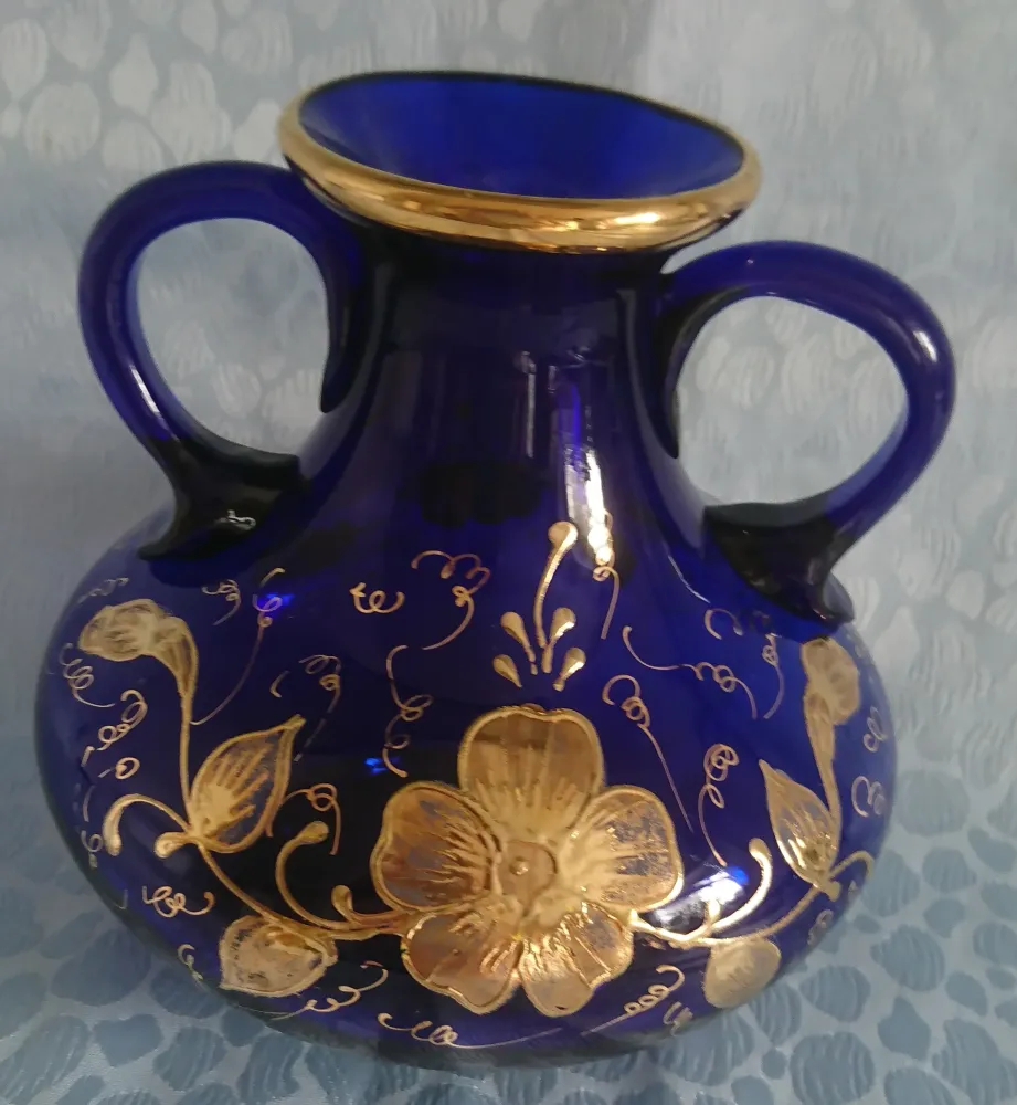 AMPHORENVASE - Hartglas, Handbemalt, Blumen Blüten Goldrand Dekor