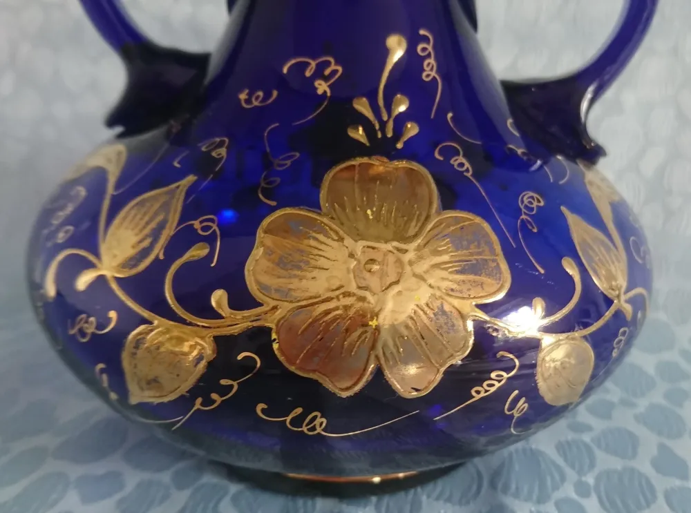 AMPHORENVASE - Hartglas, Handbemalt, Blumen Blüten Goldrand Dekor
