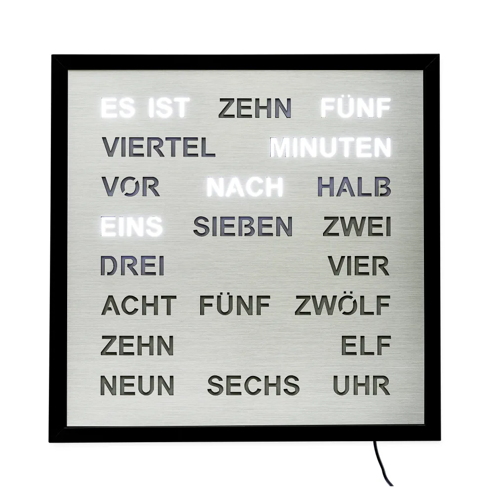 AMS 1275 Wortuhr – Elegante LED-Wanduhr Aluminium XL
