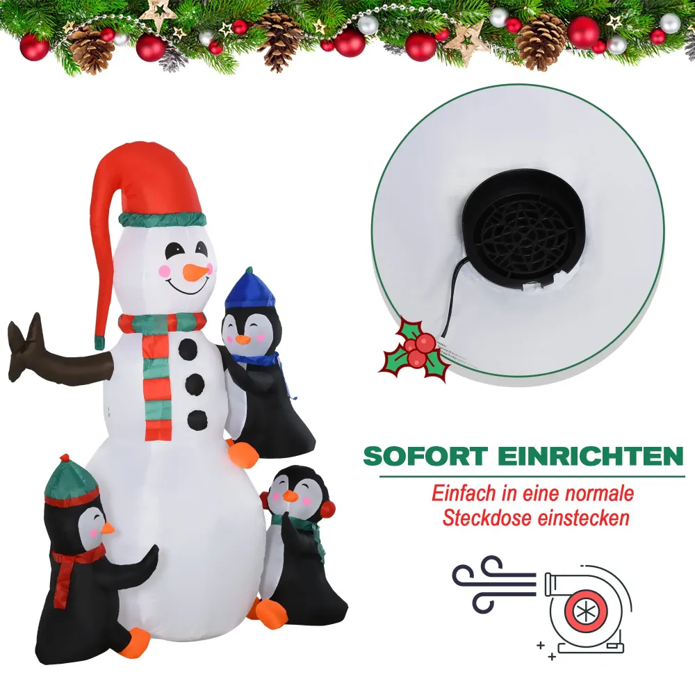 Aufblasbare Schneemann-Skulptur mit drei Pinguinen, 180 cm mit LED-Beleuchtung. Weihnachten Deko Luftfigur