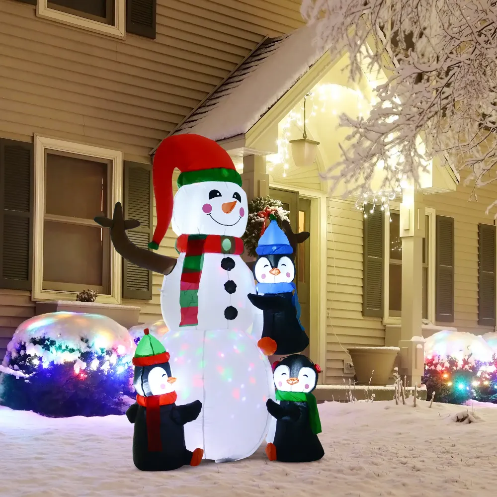 Aufblasbare Schneemann-Skulptur mit drei Pinguinen, 180 cm mit LED-Beleuchtung. Weihnachten Deko Luftfigur