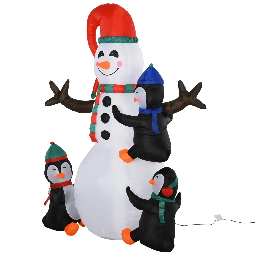 Aufblasbare Schneemann-Skulptur mit drei Pinguinen, 180 cm mit LED-Beleuchtung. Weihnachten Deko Luftfigur