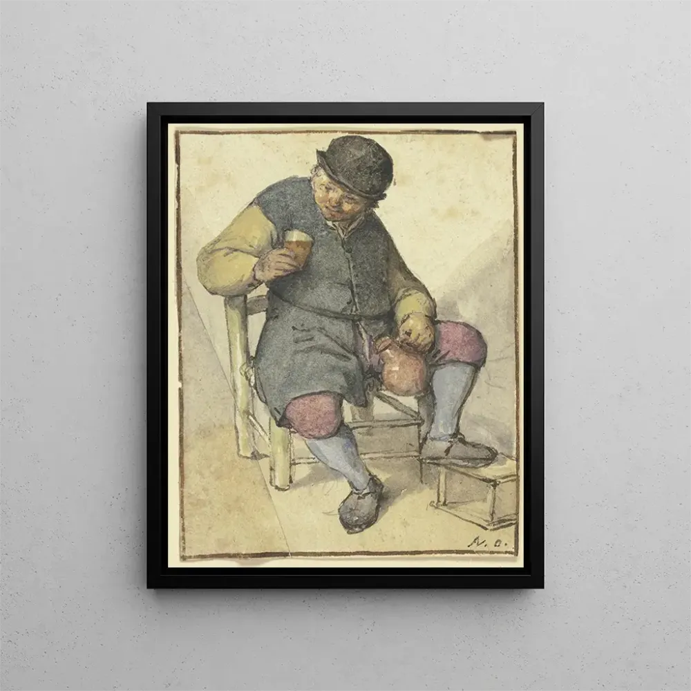 Bauern-Gemälde sitzend von vorne mit Krug und Glas - Adriaen van Ostade | Kunstdruck