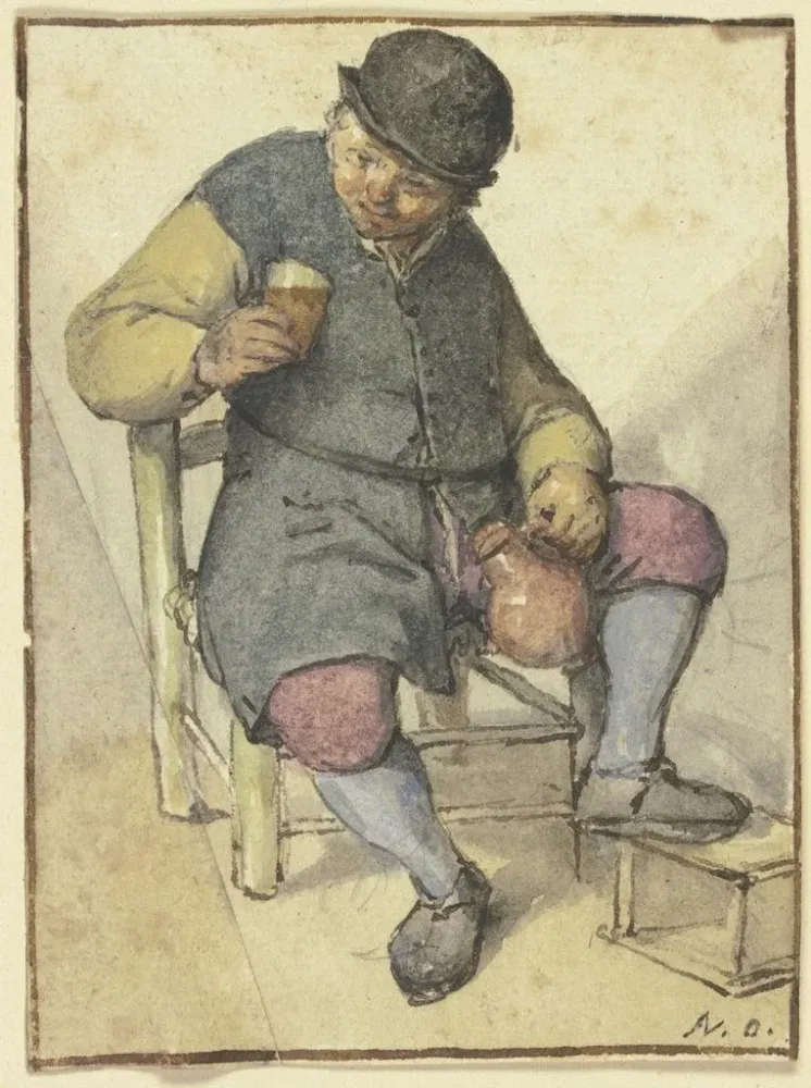 Bauern-Gemälde sitzend von vorne mit Krug und Glas - Adriaen van Ostade | Kunstdruck