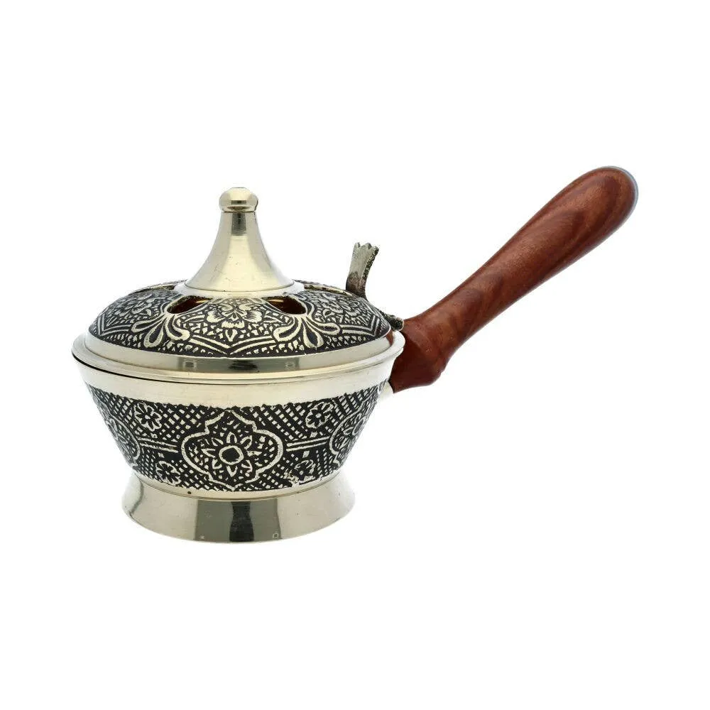Bronze-Räuchergefäß mit schwarzer Gravur und Holzgriff - Elegantes Räucherzubehör