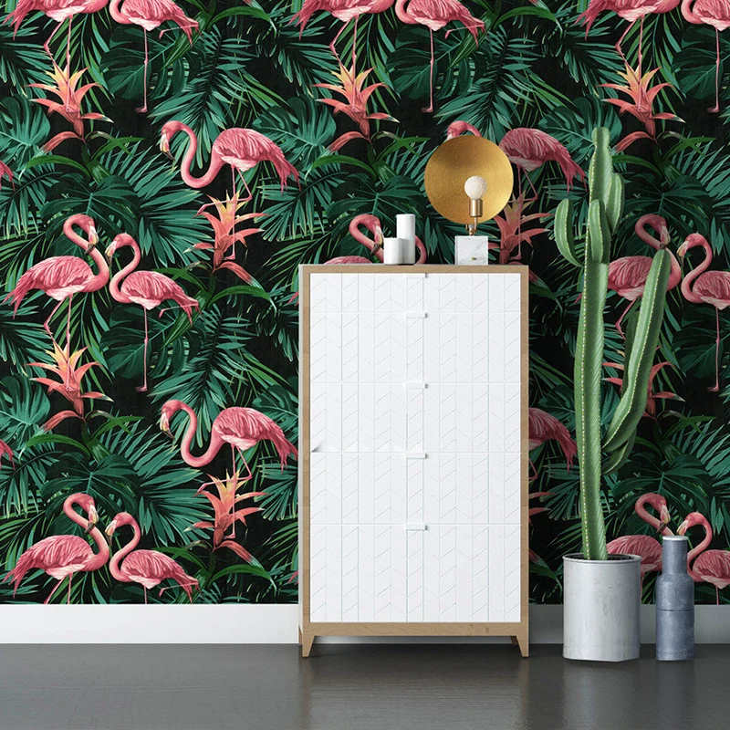 33' x 20,5" Vinyl-Tapete mit tropischen, nicht geklebten Flamingos und botanischen Blättern Clearhalo