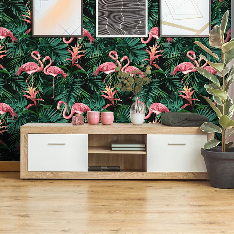 33' x 20,5" Vinyl-Tapete mit tropischen, nicht geklebten Flamingos und botanischen Blättern Clearhalo