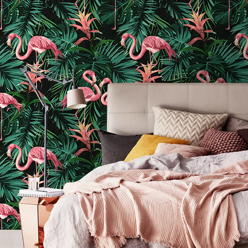 33' x 20,5" Vinyl-Tapete mit tropischen, nicht geklebten Flamingos und botanischen Blättern Clearhalo