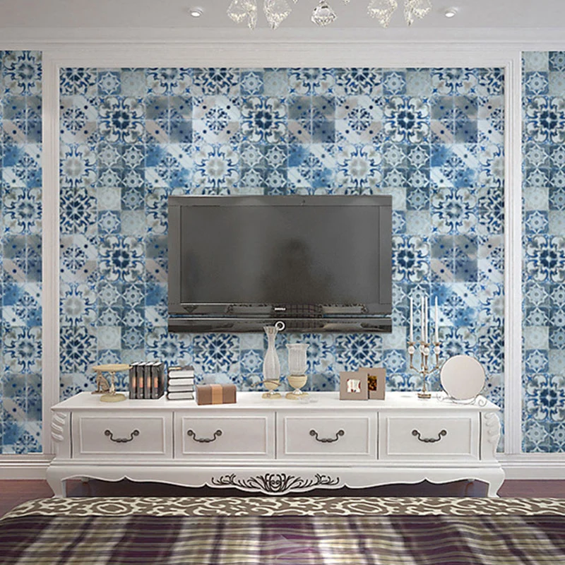 3D-Tapete mit mediterranen Fliesen, klassisch, elegant, blau und weiß, Boho-Stil, selbstklebende Wanddekoration, leicht zu...