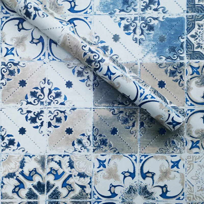 3D-Tapete mit mediterranen Fliesen, klassisch, elegant, blau und weiß, Boho-Stil, selbstklebende Wanddekoration, leicht zu...