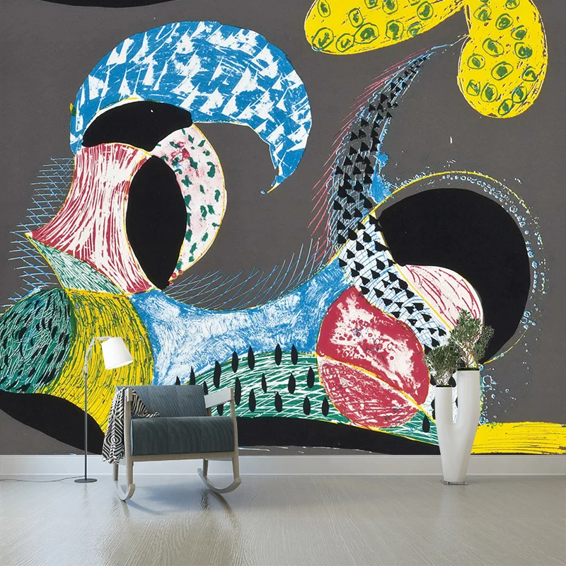 Abstrakte Landschaftstapeten-Wandbilder im Pop-Art-Stil aus Vliesstoff Blau-Grau-Gelb Clearhalo