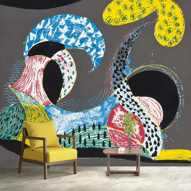 Abstrakte Landschaftstapeten-Wandbilder im Pop-Art-Stil aus Vliesstoff Blau-Grau-Gelb Clearhalo