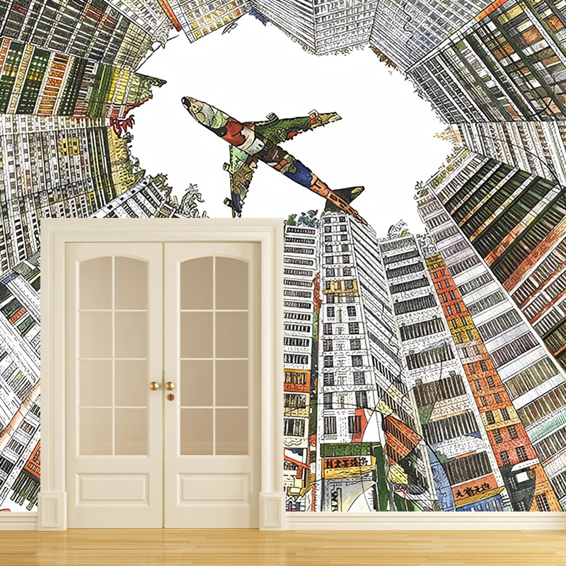 Abstrakte Wandtapete, Flugzeug und gestapeltes Wohngebiet, abstrakte Wandkunst zur Dekoration Clearhalo