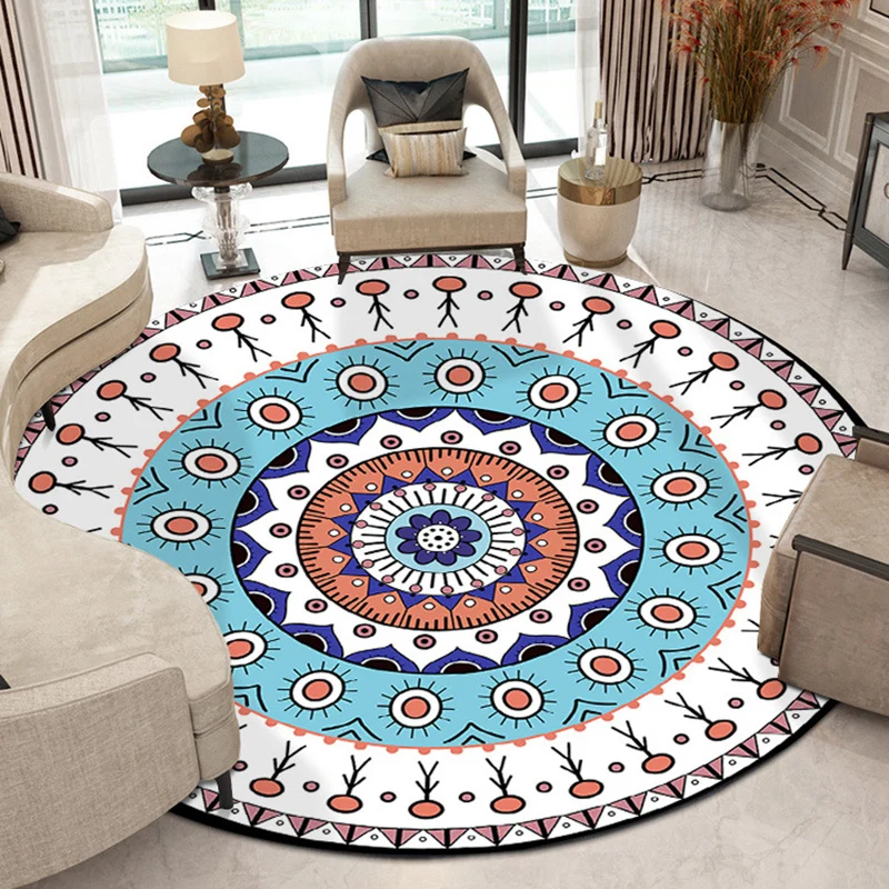 Americana-Teppich mit konzentrischem Kreismuster und floralem weißem und blauem Polyester-Teppich, maschinenwaschbarer, ru...