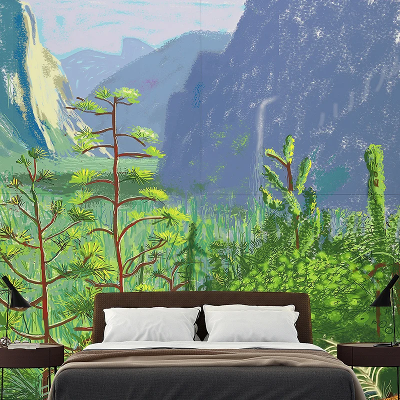 Art-Deco-Berglandschaftswandgemälde für Wohnzimmer, individuelle Wandverkleidung Blaugrün Clearhalo