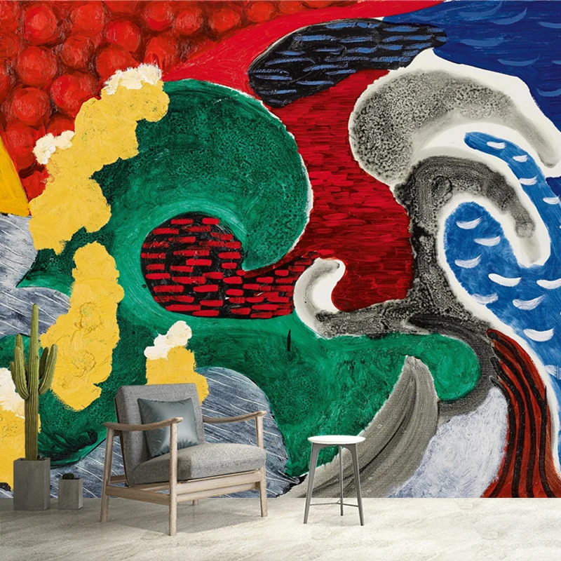 Art-Deco-Wandbild „Welle“, Vliesstoff, wasserfest, Rot-Gelb-Blau-Grün, Wandverkleidung für Zuhause Clearhalo
