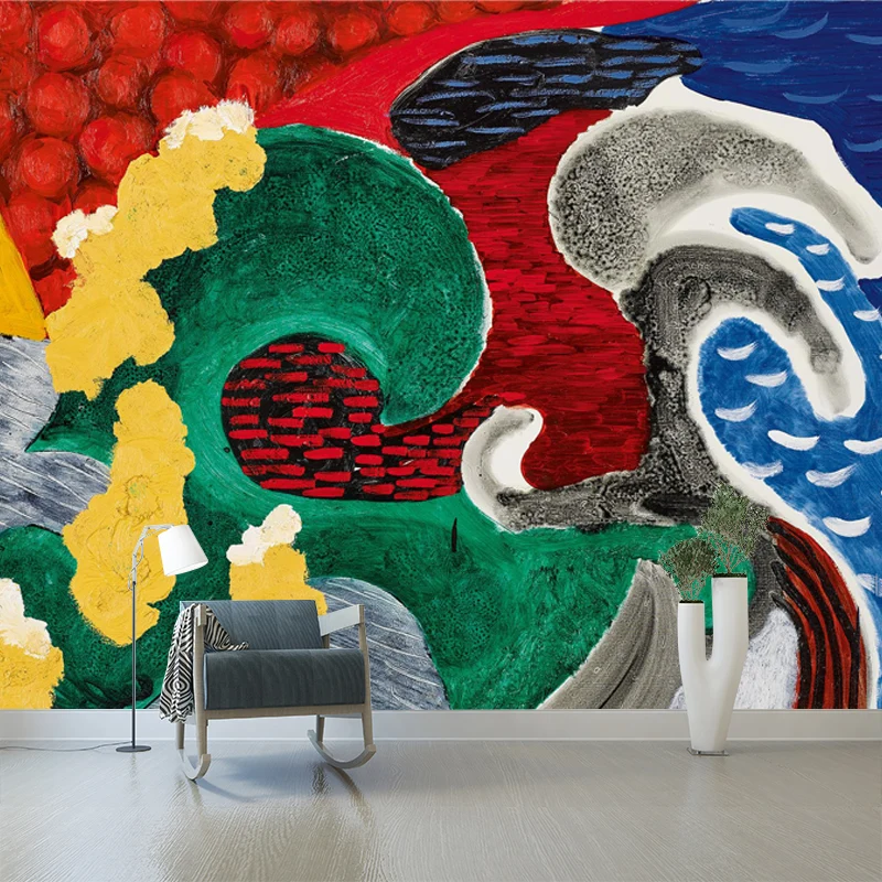 Art-Deco-Wandbild „Welle“, Vliesstoff, wasserfest, Rot-Gelb-Blau-Grün, Wandverkleidung für Zuhause Clearhalo