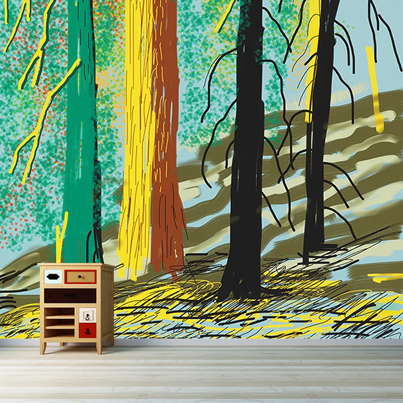 Art-Deco-Wandgemälde mit Yosemite-Bäumen für Schlafzimmer, individuelle Wandverkleidung Rot-Gelb-Grün Clearhalo