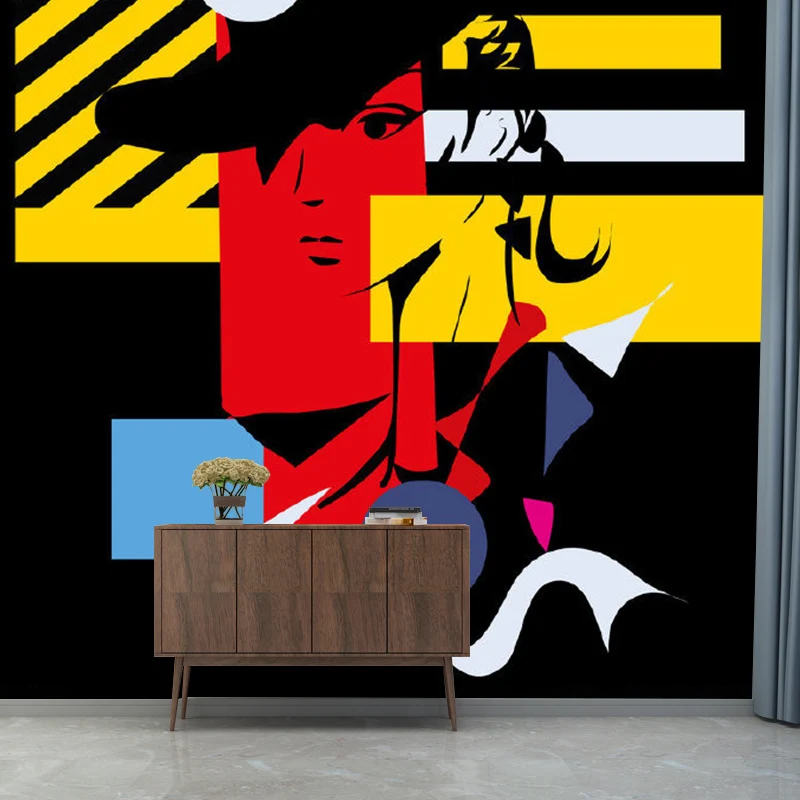 Art-Deco-Wandpapier für Mädchen mit Malerei einer Frau mit Zylinder, Schwarz-Rot-Gelb Clearhalo