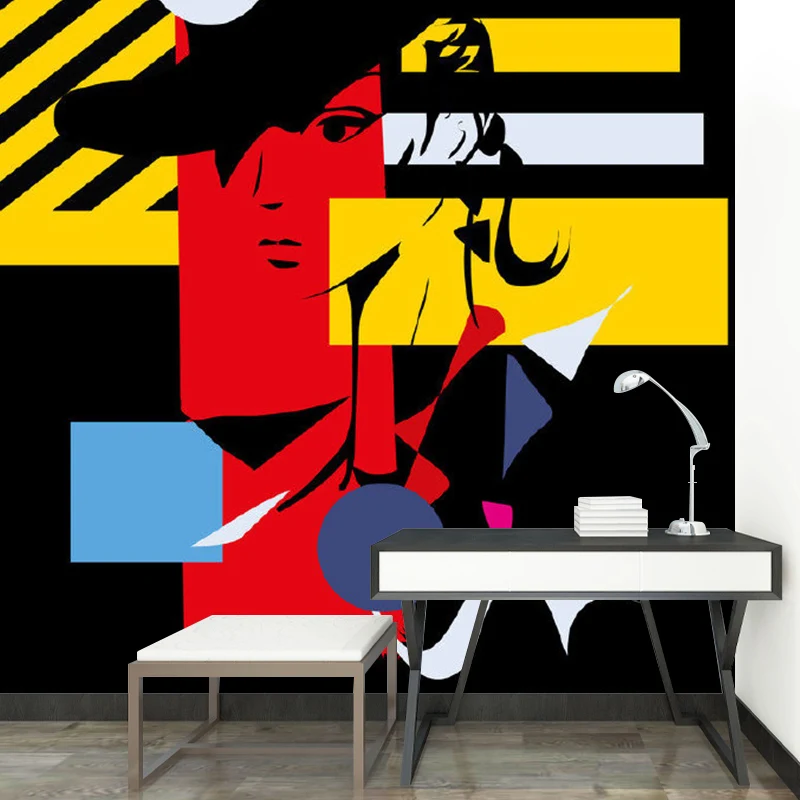Art-Deco-Wandpapier für Mädchen mit Malerei einer Frau mit Zylinder, Schwarz-Rot-Gelb Clearhalo