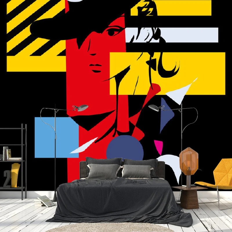 Art-Deco-Wandpapier für Mädchen mit Malerei einer Frau mit Zylinder, Schwarz-Rot-Gelb Clearhalo