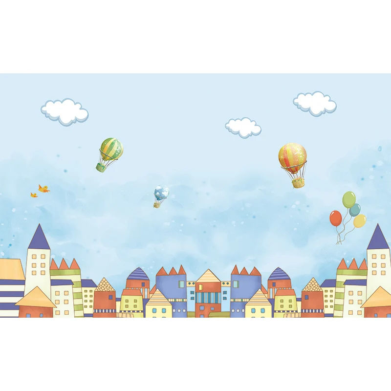 Ballon- und Häuser-Druck-Wandbild für Kinder, Kunst-Wanddekoration aus Vliesstoff Blau Clearhalo