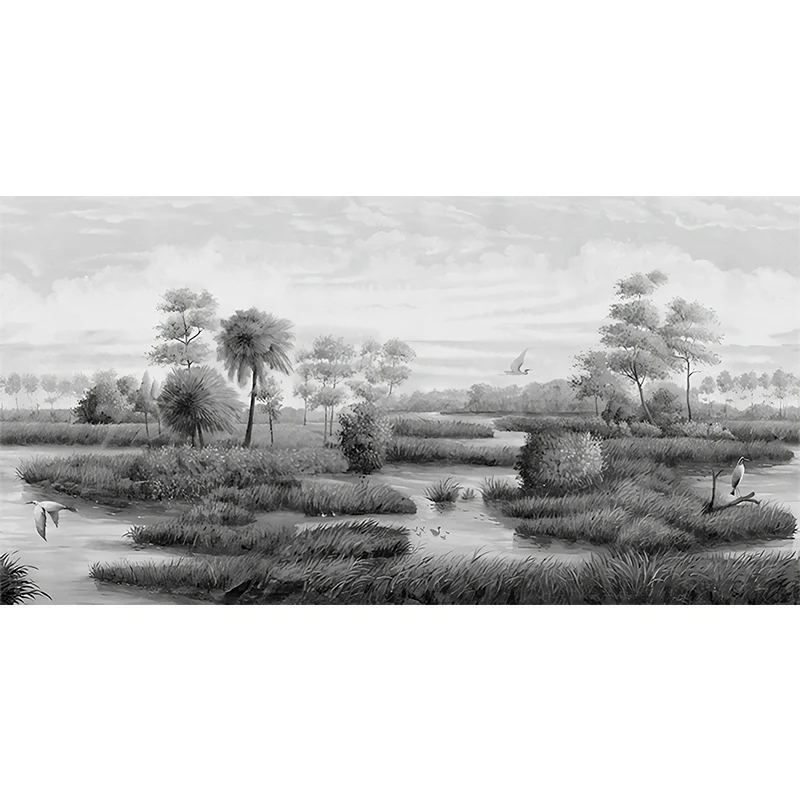 Benutzerdefinierte Fotografie tropische Wandgemälde mit Flussinseln-Landschaftsmuster Grau Clearhalo