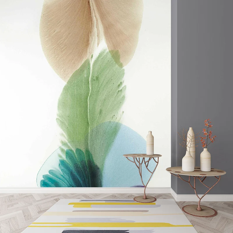 Benutzerdefinierte Illustration Art-Déco-Wandbild-Tapete mit Blütenblattmalerei, Blau-Gelb-Grün Clearhalo