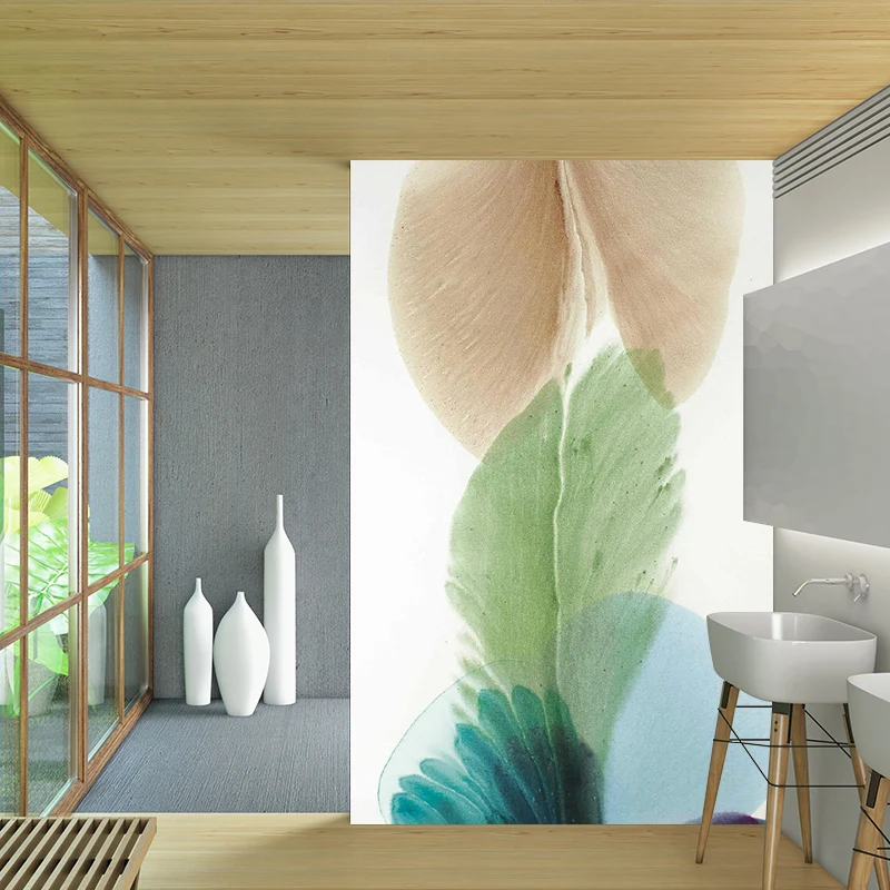 Benutzerdefinierte Illustration Art-Déco-Wandbild-Tapete mit Blütenblattmalerei, Blau-Gelb-Grün Clearhalo