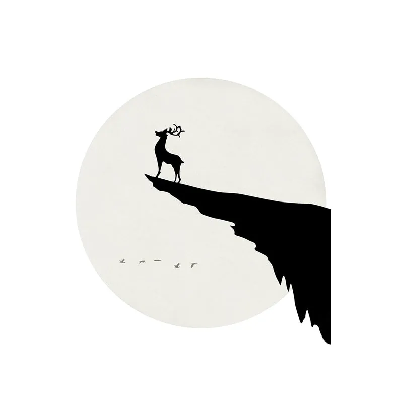 Benutzerdefinierte Illustration einfacher Wandgemälde mit Hirsch auf einer Klippe bei Vollmondnachtmuster Schwarz-Weiß Cle...