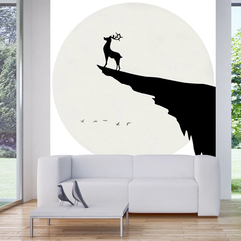 Benutzerdefinierte Illustration einfacher Wandgemälde mit Hirsch auf einer Klippe bei Vollmondnachtmuster Schwarz-Weiß Cle...