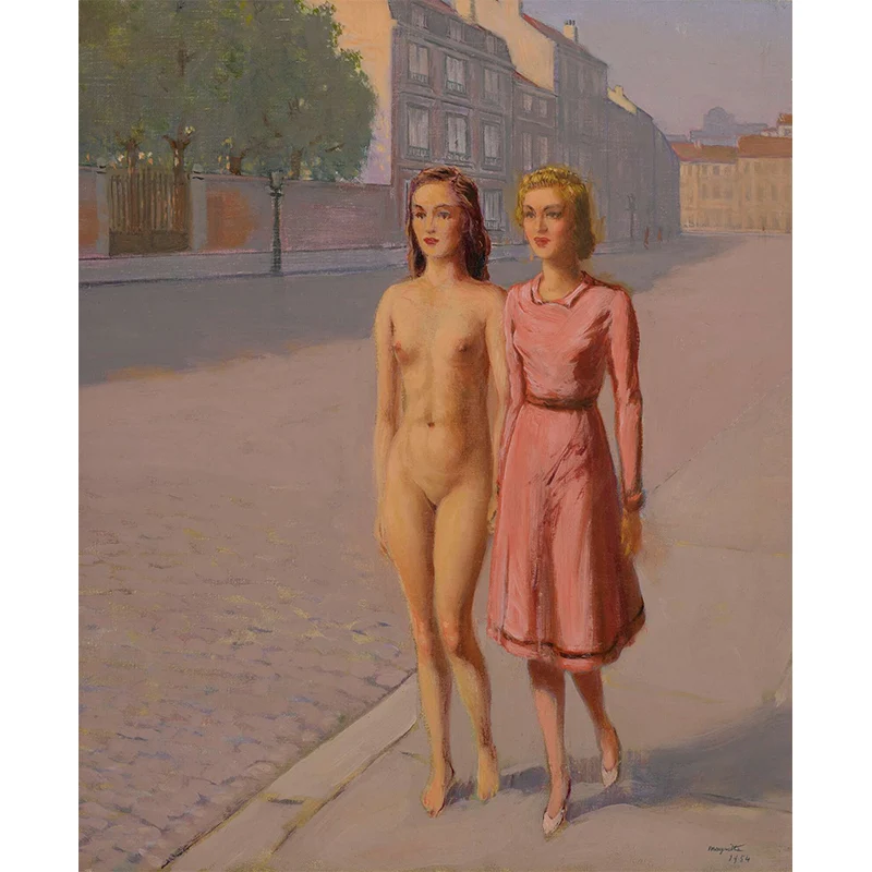 Benutzerdefinierte Illustration surrealer Wandgemälde mit zwei Mädchen, die eine Straße entlang gehen, Gemälde, Rosa-Gelb...