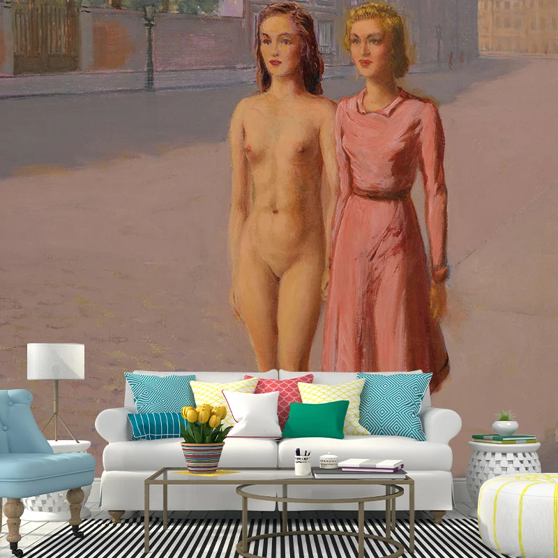 Benutzerdefinierte Illustration surrealer Wandgemälde mit zwei Mädchen, die eine Straße entlang gehen, Gemälde, Rosa-Gelb...