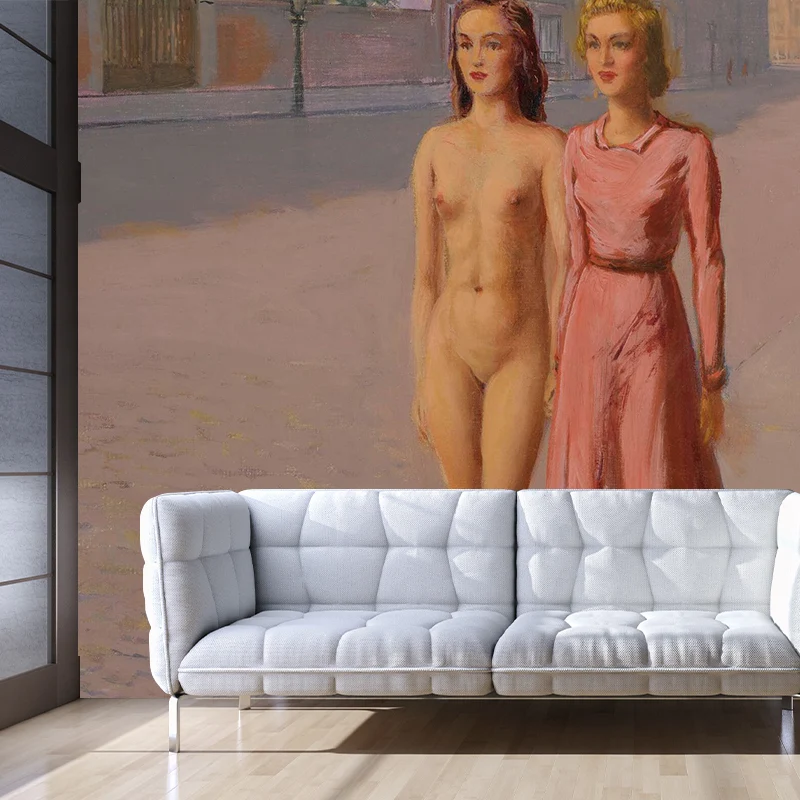 Benutzerdefinierte Illustration surrealer Wandgemälde mit zwei Mädchen, die eine Straße entlang gehen, Gemälde, Rosa-Gelb...