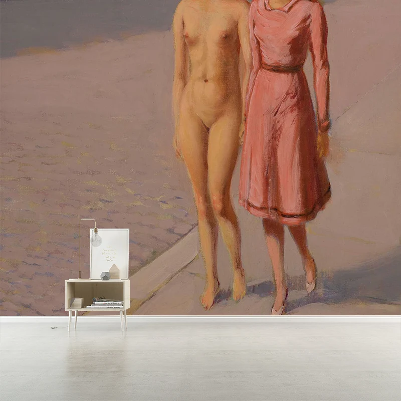 Benutzerdefinierte Illustration surrealer Wandgemälde mit zwei Mädchen, die eine Straße entlang gehen, Gemälde, Rosa-Gelb...