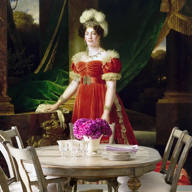 Benutzerdefinierte Illustration viktorianischer Wandtapete mit Marie-Therese-von-Frankreich-Porträtmuster Rot-Grün Clearhalo