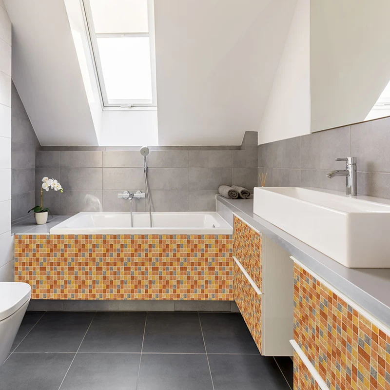 Böhmische Mosaik-Fliesen-Tapetenbordüre, orange-gelbe Pick-Up-Sticks, Wandverkleidung für Zimmer Clearhalo