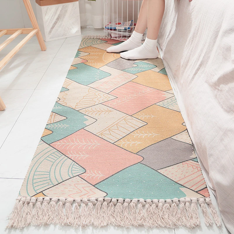 Böhmischer Teppich mit geometrischem Druck, mehrfarbiger Baumwoll-Innenteppich, haustierfreundlich, pflegeleicht, waschbar...