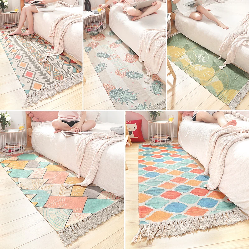 Böhmischer Teppich mit geometrischem Druck, mehrfarbiger Baumwoll-Innenteppich, haustierfreundlich, pflegeleicht, waschbar...
