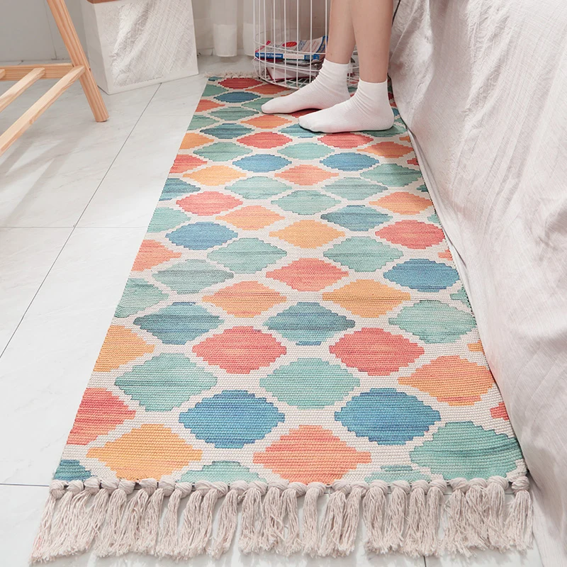 Böhmischer Teppich mit geometrischem Druck, mehrfarbiger Baumwoll-Innenteppich, haustierfreundlich, pflegeleicht, waschbar...