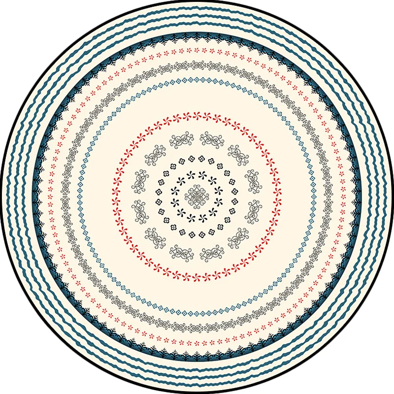 Böhmischer Teppich mit konzentrischen Kreisen und floralem Beige- und Grün-Polyester-Teppich, maschinenwaschbarer, rutschf...