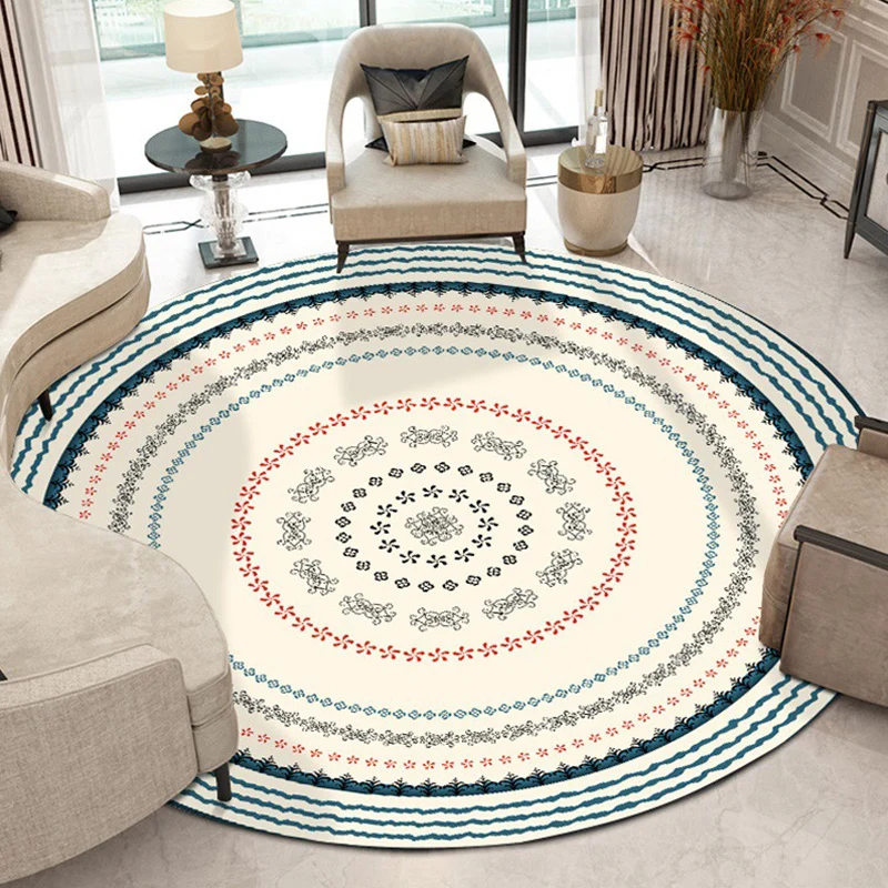 Böhmischer Teppich mit konzentrischen Kreisen und floralem Beige- und Grün-Polyester-Teppich, maschinenwaschbarer, rutschf...