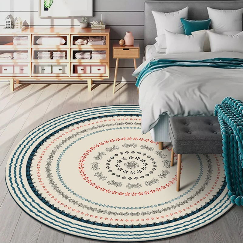 Böhmischer Teppich mit konzentrischen Kreisen und floralem Beige- und Grün-Polyester-Teppich, maschinenwaschbarer, rutschf...