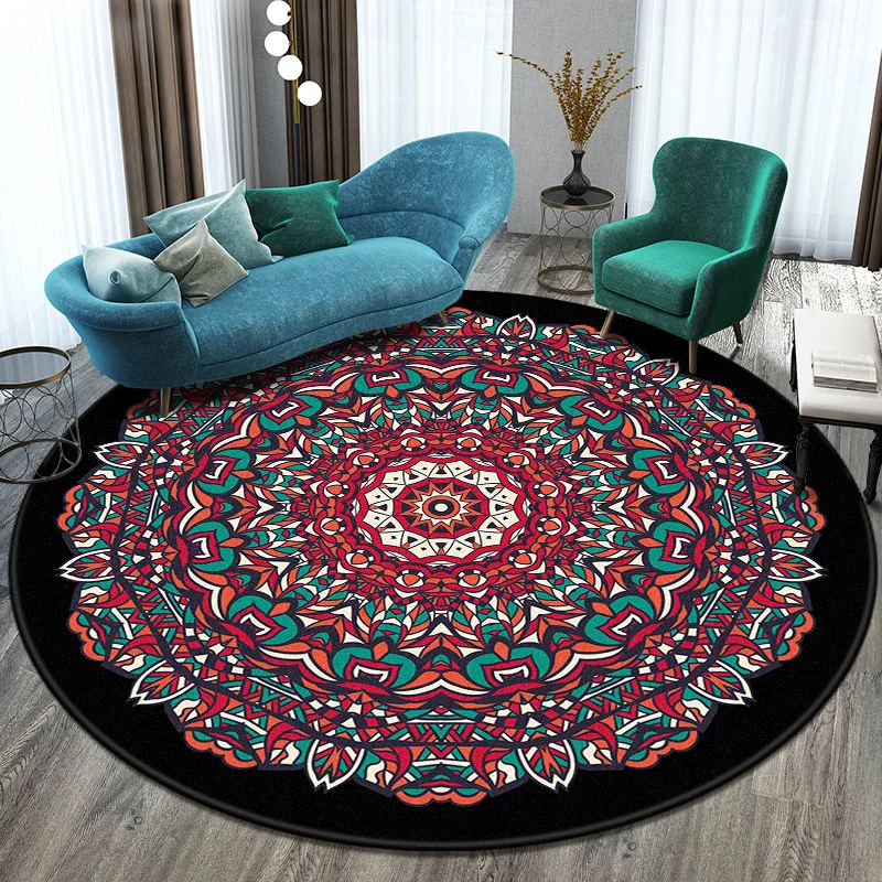 Böhmischer Wohnzimmerteppich, mehrfarbiger Mandala-Teppich, Polyester, schmutzabweisend, waschbar, rutschfester Teppich fü...