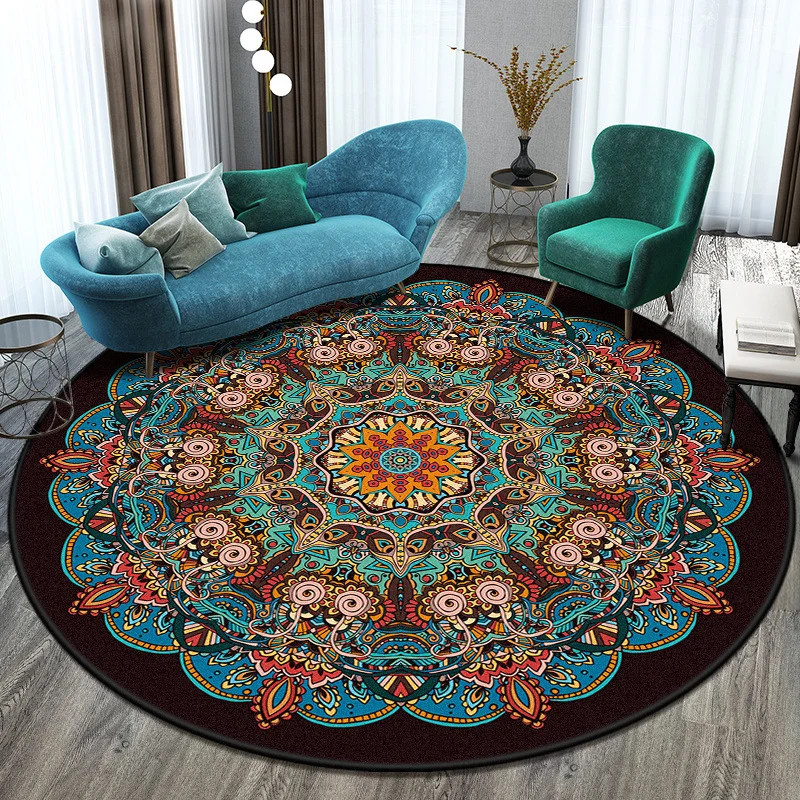 Böhmischer Wohnzimmerteppich, mehrfarbiger Mandala-Teppich, Polyester, schmutzabweisend, waschbar, rutschfester Teppich fü...