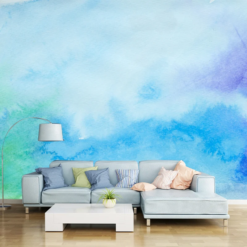 Blaue Aquarell-Wandtapete, feuchtigkeitsbeständig, moderne Schlafzimmer-Wandkunst, individuelle Größe Clearhalo