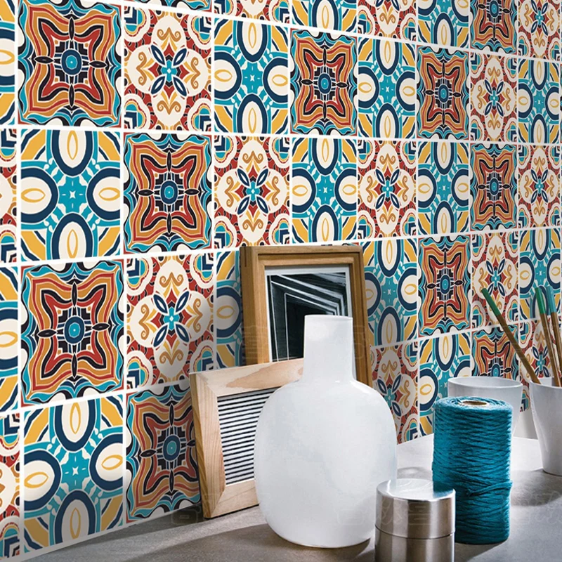 Blaue, blumenartige Tapetenbahnen zum Abziehen und Aufkleben, Wanddekoration im Boho-Stil für das Esszimmer Clearhalo