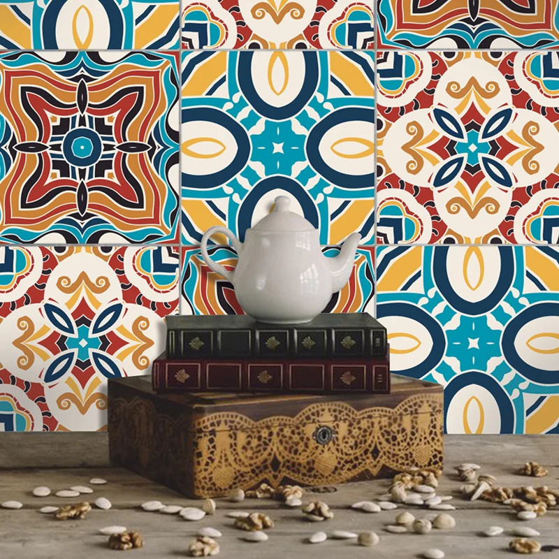 Blaue, blumenartige Tapetenbahnen zum Abziehen und Aufkleben, Wanddekoration im Boho-Stil für das Esszimmer Clearhalo