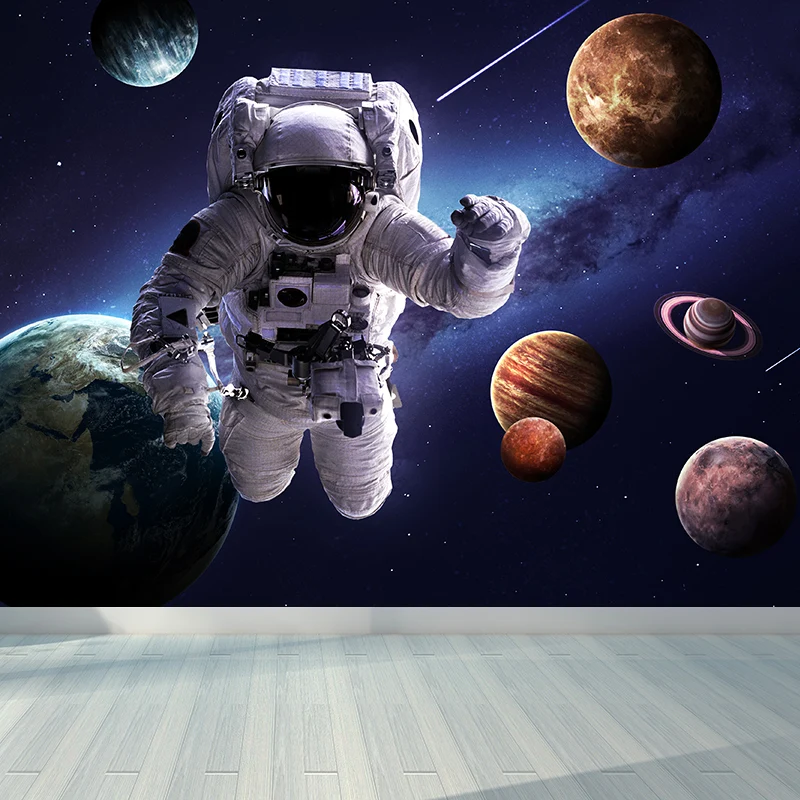 Blaue fiktive Fototapete Riesige Astronauten- und Erdwandverkleidung für das Wohnzimmer Clearhalo